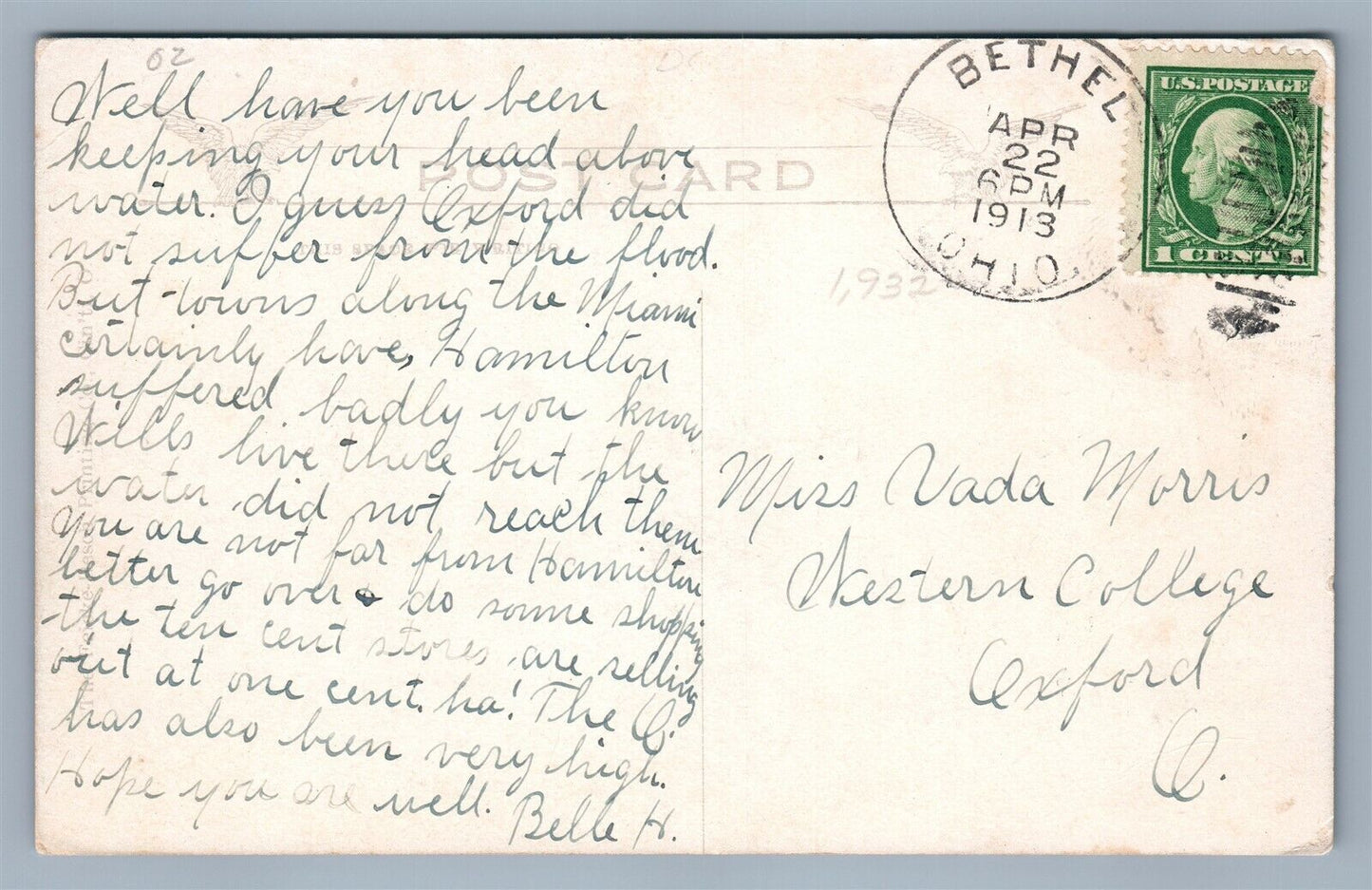 HAMILTON OH FLOOD SCENE CITY HALL NORTH MONUMENT AVENUE 1913 ANTIQUE POSTCARD