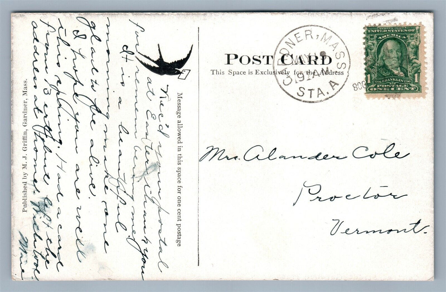 GARDNER MA CENTRAL STREET ANTIQUE POSTCARD