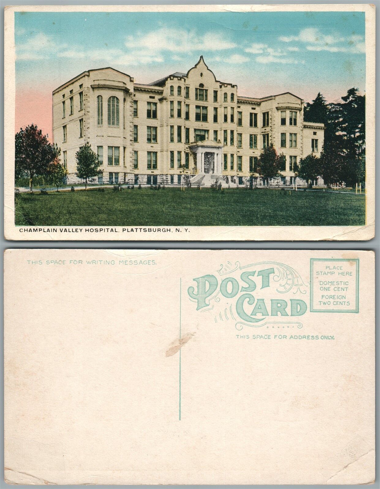PLATTSBURGH N.Y. CHAMPLAIN VALLEY HOSPITAL ANTIQUE POSTCARD