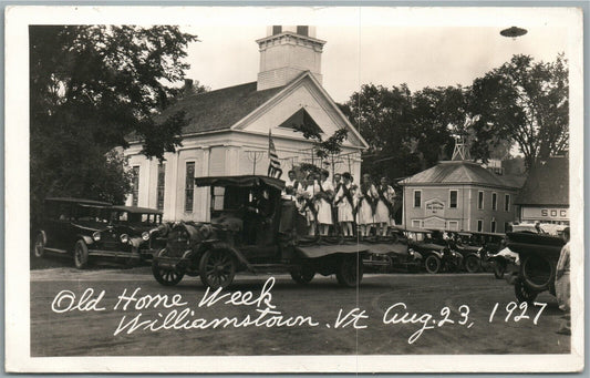 WILLIAMSTOWN VT HOME WEEK VINTAGE CARS US FLAGS ANTIQUE REAL PHOTO POSTCARD RPPC