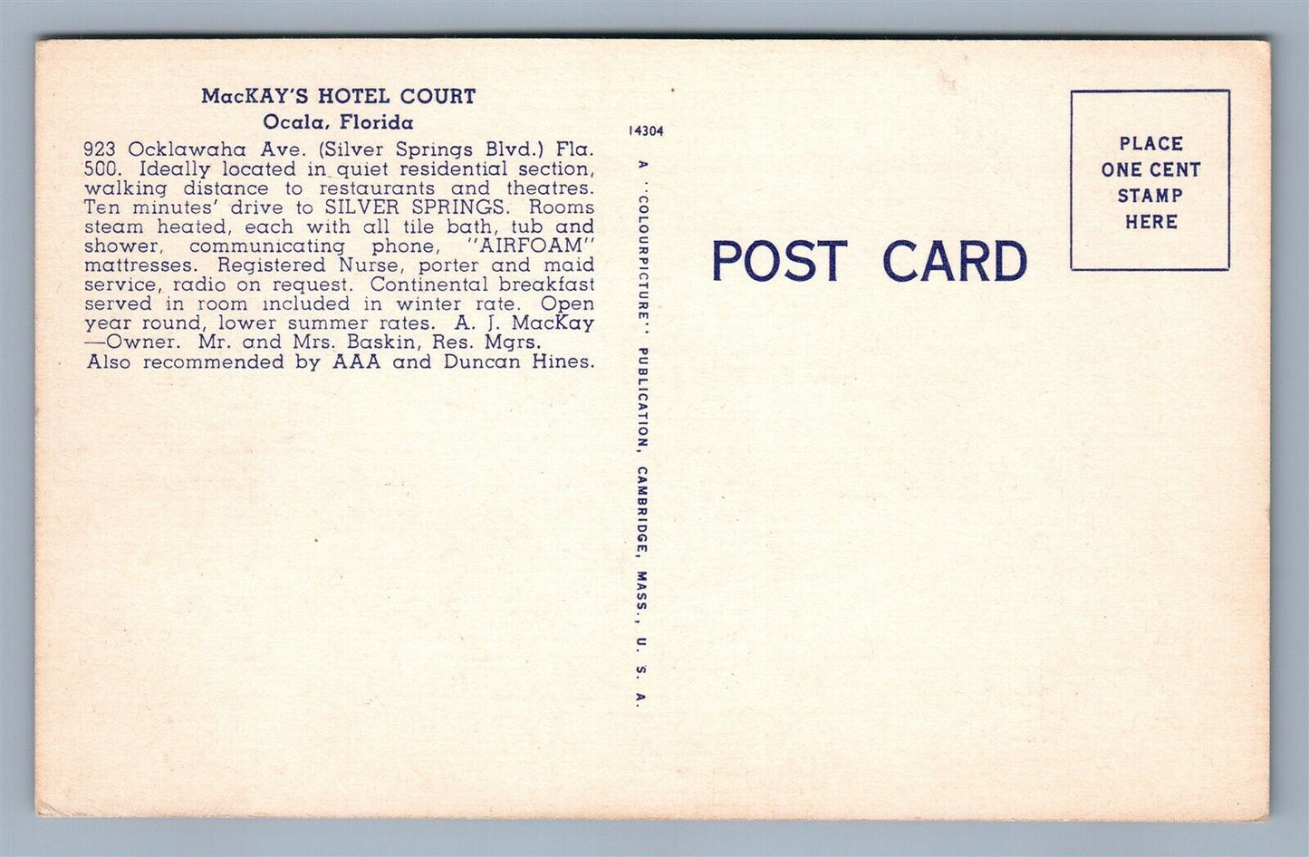 OCALA FL MacKAY'S HOTEL COURT VINTAGE POSTCARD