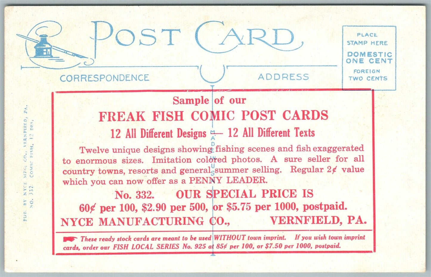 EXAGGERATED FISHING 1928 VINTAGE VERNFIELD PA POSTCARD MANUFACTURE ADVERTISING