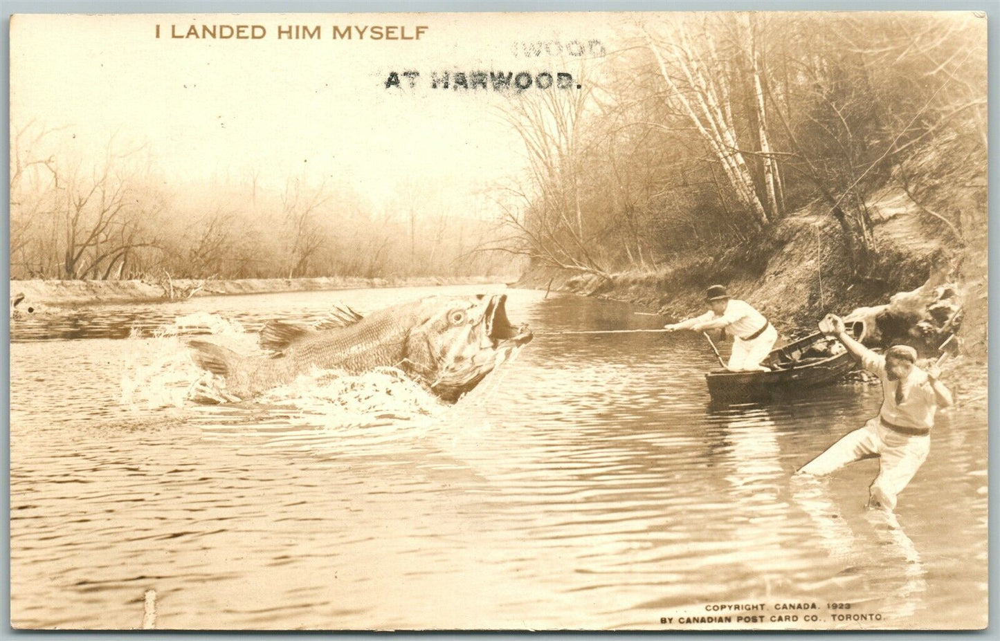 HARWOOD CANADA FISHING EXAGGERATED ANTIQUE REAL PHOTO POSTCARD RPPC