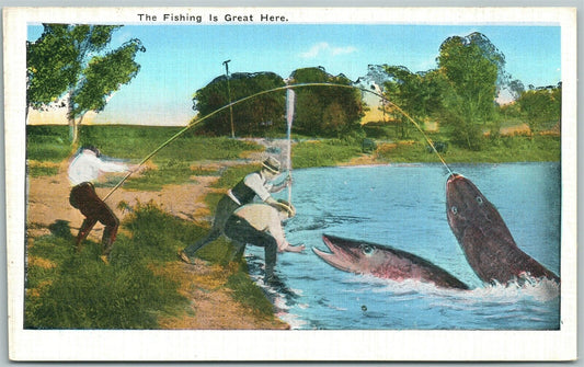 EXAGGERATED FISHING VINTAGE POSTCARD 3 FISHERMEN