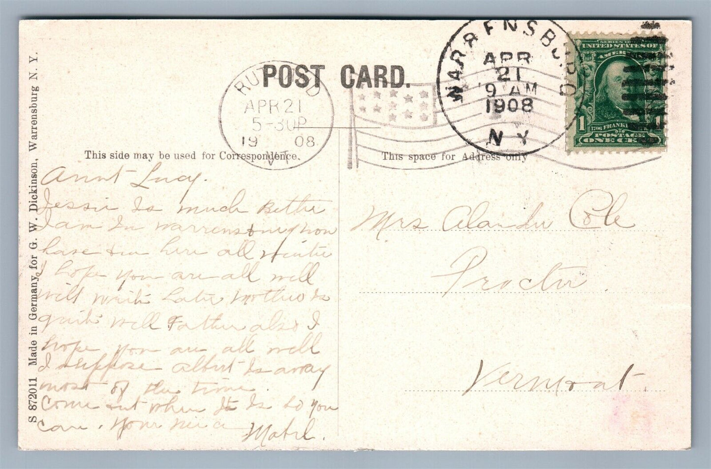 WARRENSBURG NY WARREN HOUSE ANTIQUE POSTCARD