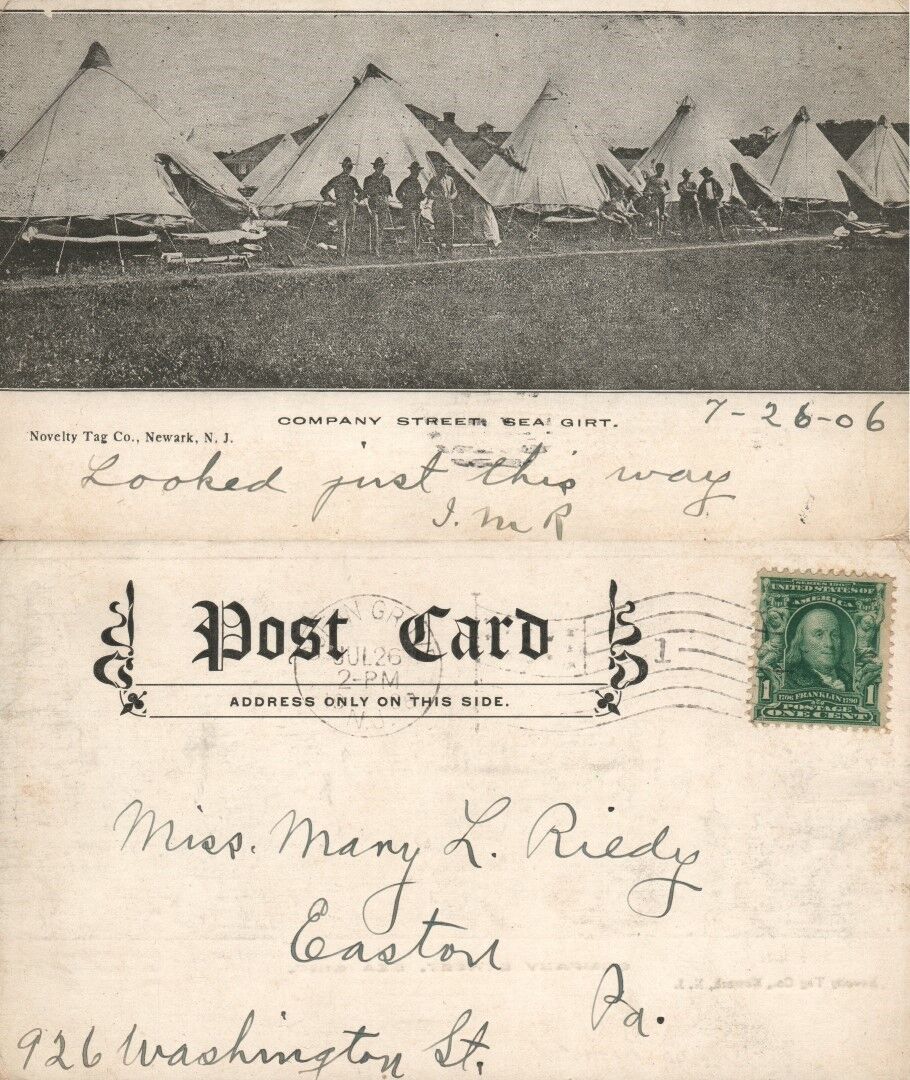 SEA GIRT N.J. COMPANY STREET UNDIVIDED 1906 ANTIQUE POSTCARD