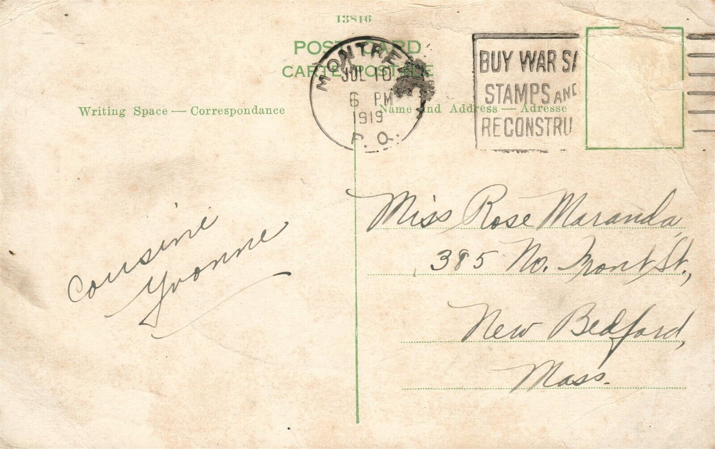 MONTREAL CANADA ST. JAMES STREET RUE ST. JACQUES 1919 ANTIQUE POSTCARD