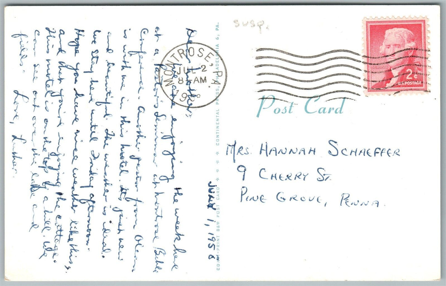 MONTROSE PA HUSTON LODGE BIBLE CONFERENCE VINTAGE 1958 POSTCARD