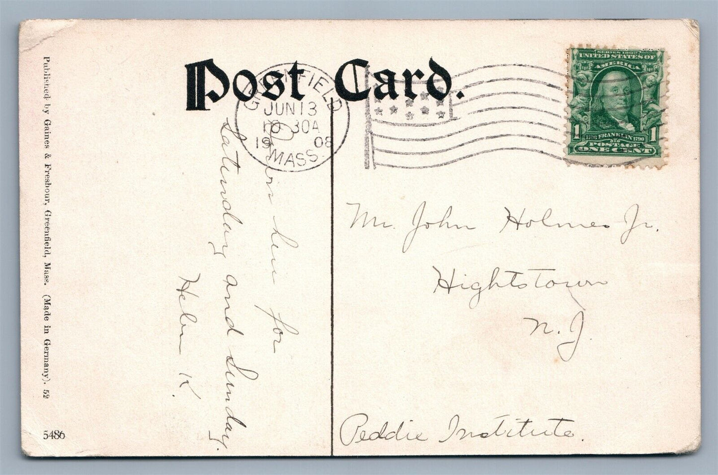 GREENFIELD MA WELDON APARTMENT HOUSE 1908 ANTIQUE POSTCARD