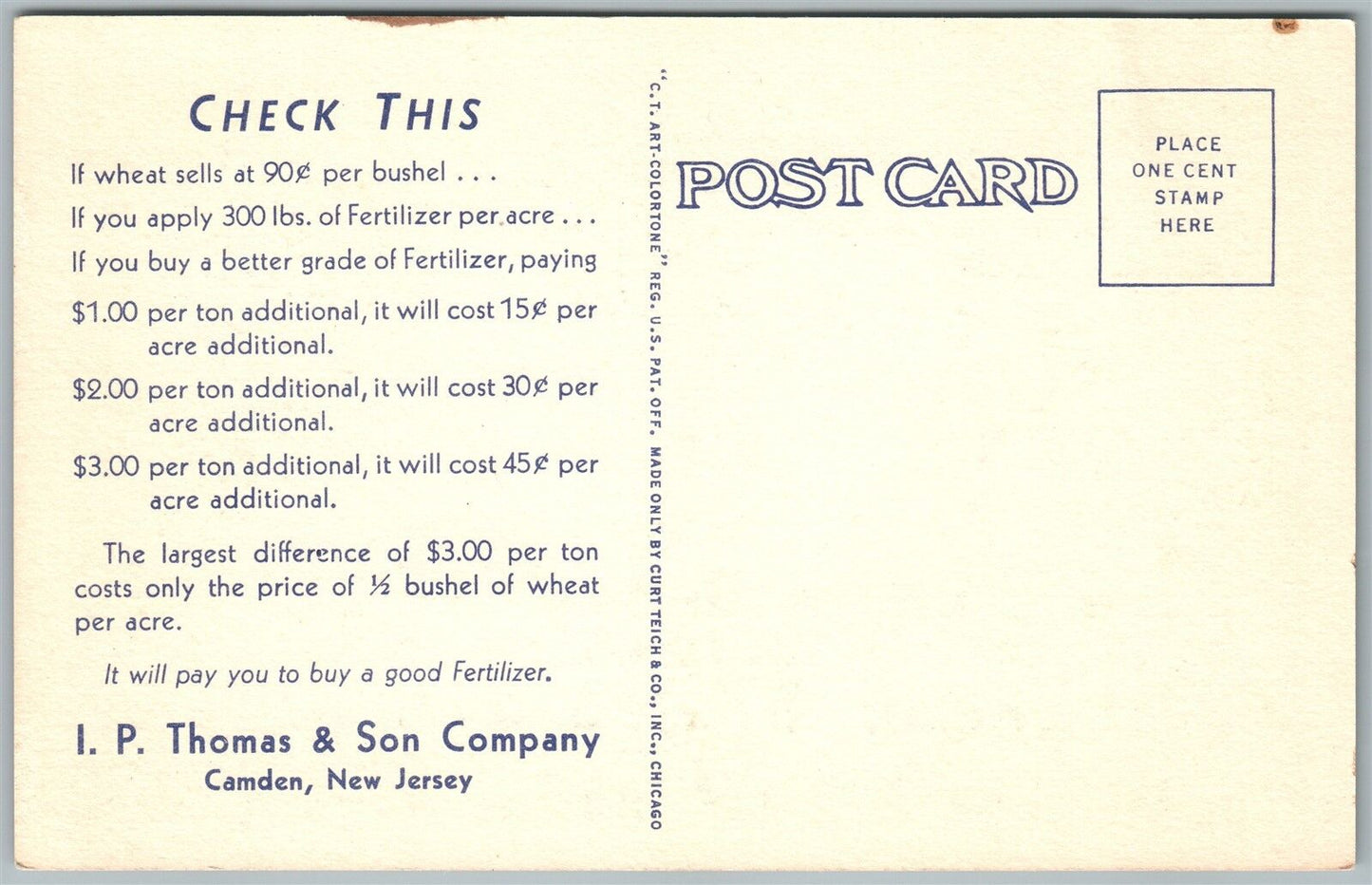 CAMDEN NJ ADVERTISING THOMAS & SON COMPANY FERTILIZERS VINTAGE POSTCARD