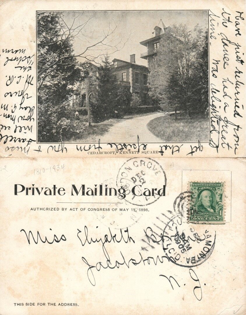 CEDARCROFT KENNETT SQUARE PA 1905 ANTIQUE POSTCARD PRIVATE MAILING CARD