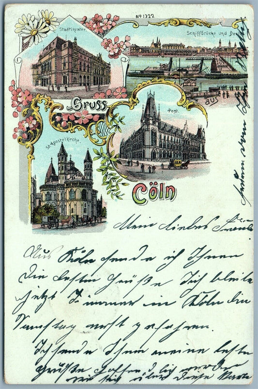 GRUSS AUS COLN GERMANY UNDIVIDED COLORFUL 1900 ANTIQUE POSTCARD