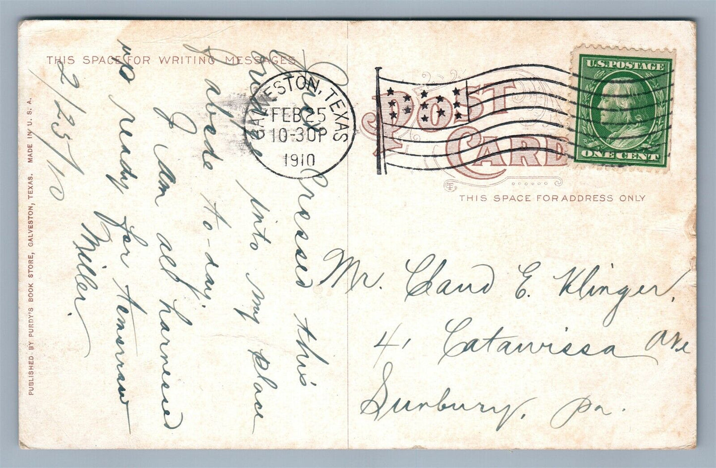 GALVESTON TX TRAIN CROSSING BAY 1910 ANTIQUE POSTCARD