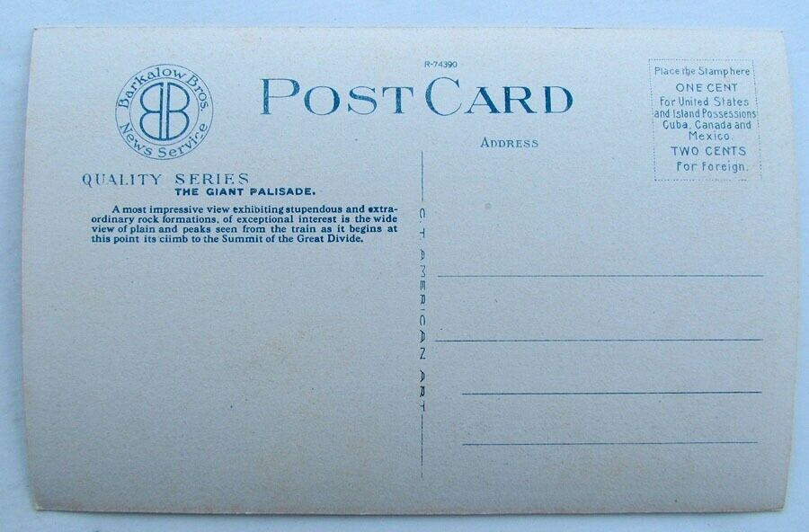 GIANT PALISADE ON DENVER & SALT LAKE RAILROAD railway ANTIQUE POSTCARD