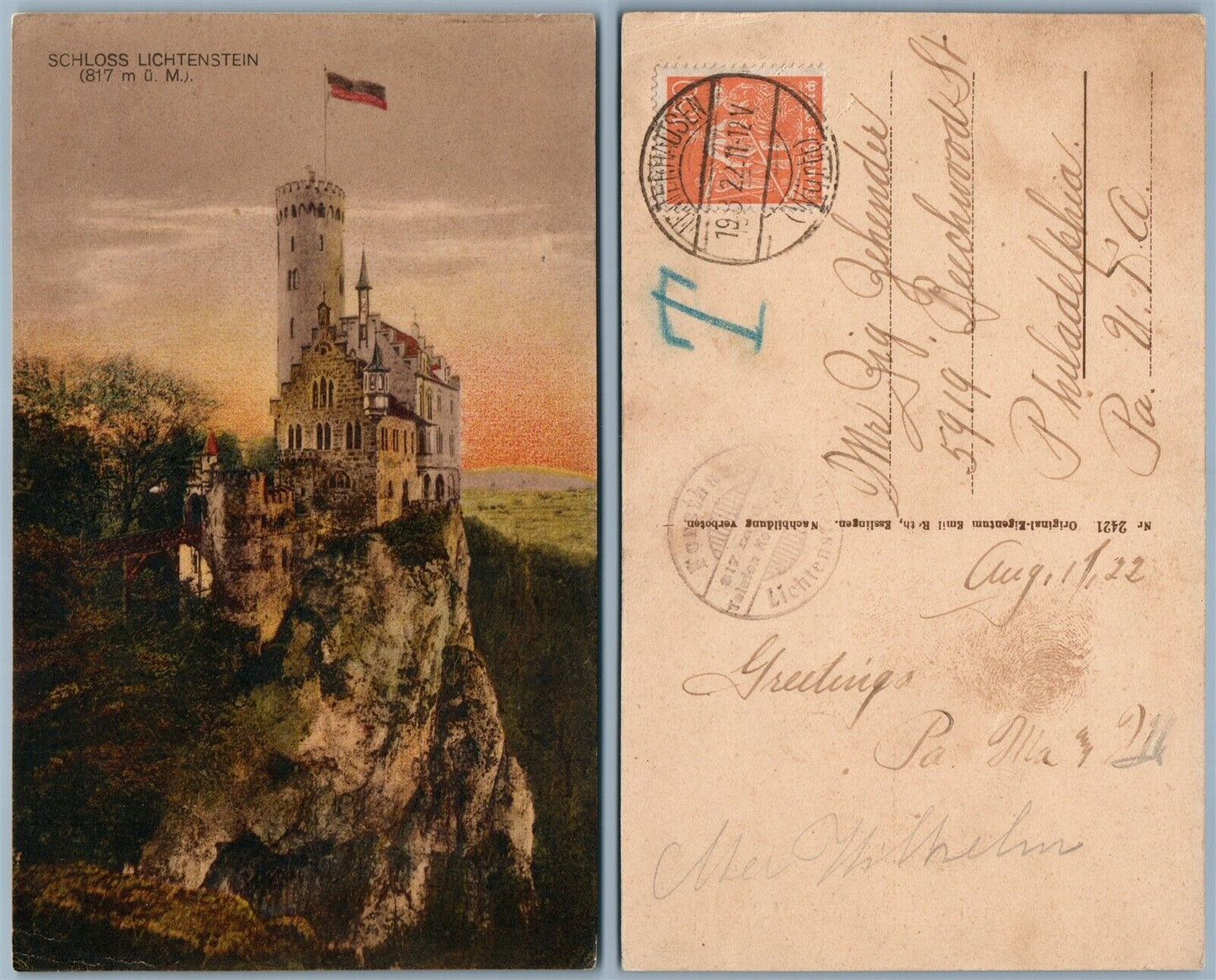 LICHTENSTEIN SCHLOSS GERMANY ANTIQUE POSTCARD w/ STAMP