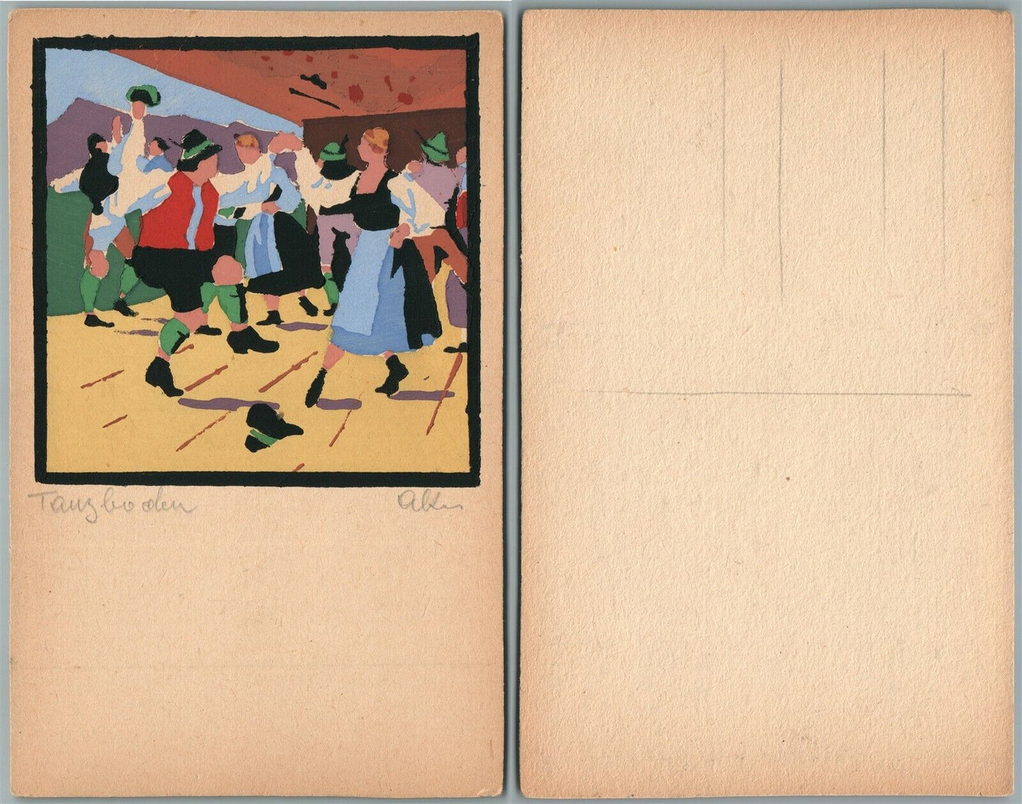 ARTIST SIGNED ANTIQUE POSTCARD DANCING PEOPLE