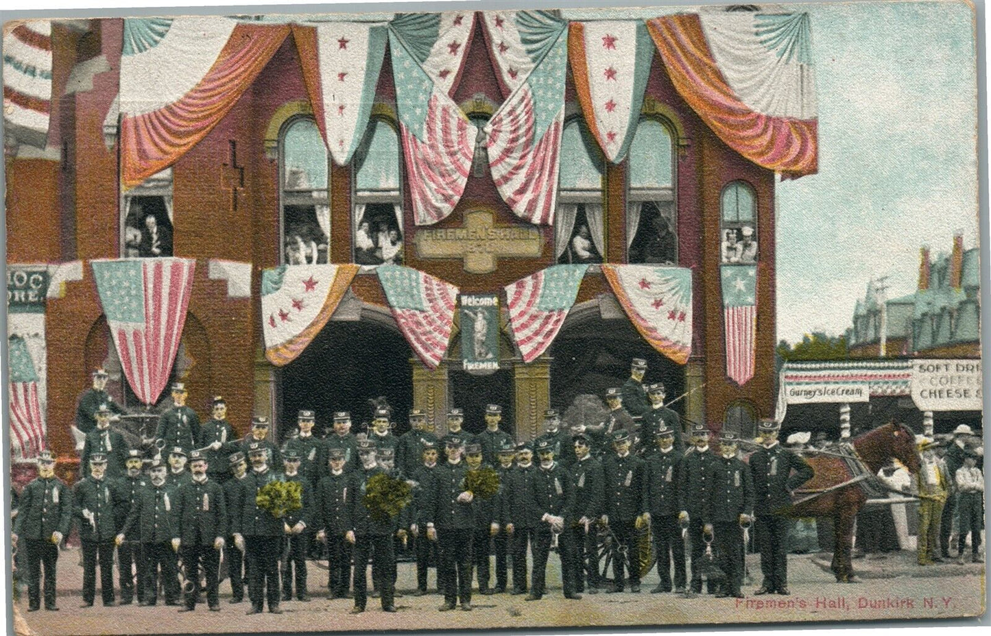 DUNKIRK NY FIREMEN'S HALL ANTIQUE POSTCARD