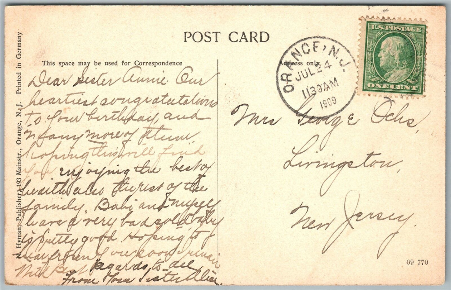 ORANGE NJ MAIN STREET BAND STAND 1909 ANTIQUE POSTCARD