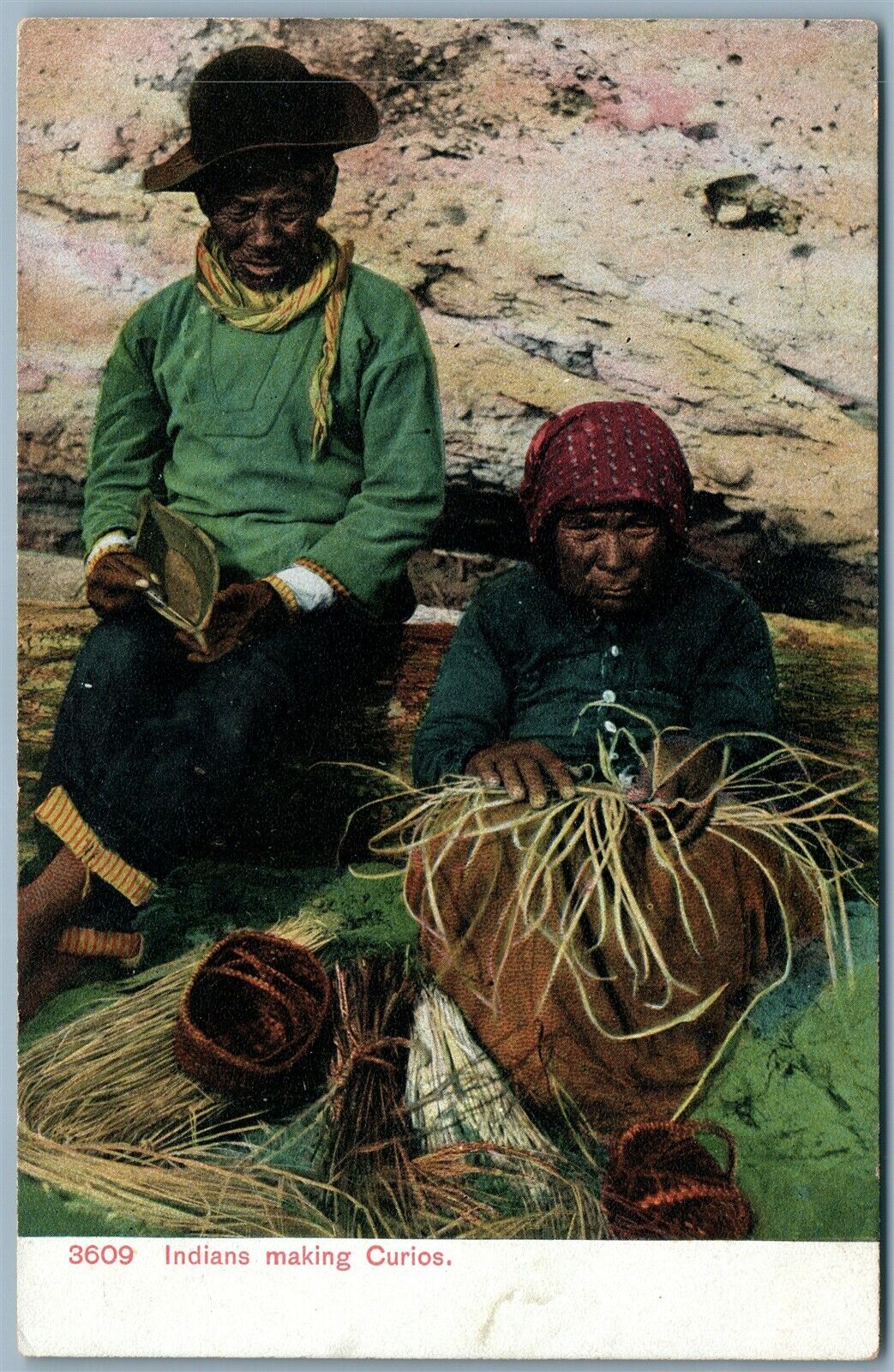 PUGET SOUND INDIANS MAKING CURIOS ANTIQUE POSTCARD