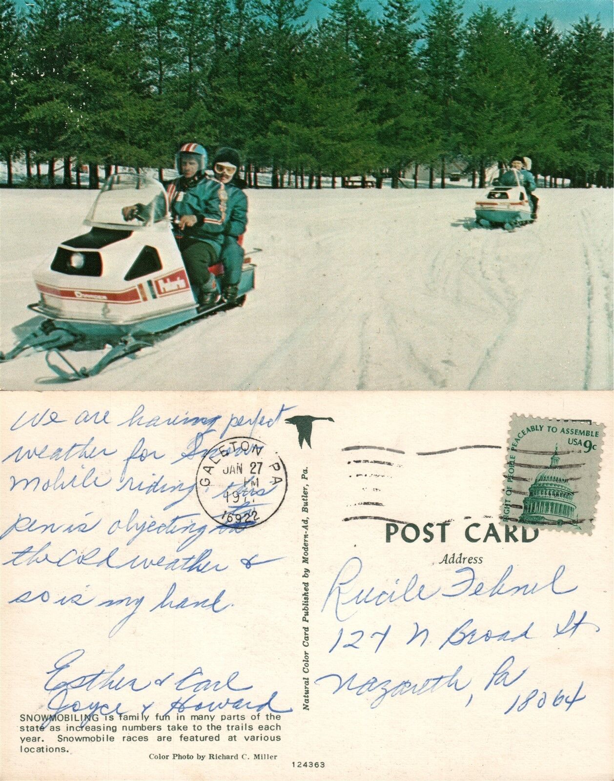 SNOWMOBILING 1977 GALETON PA CANCEL VINTAGE POSTCARD
