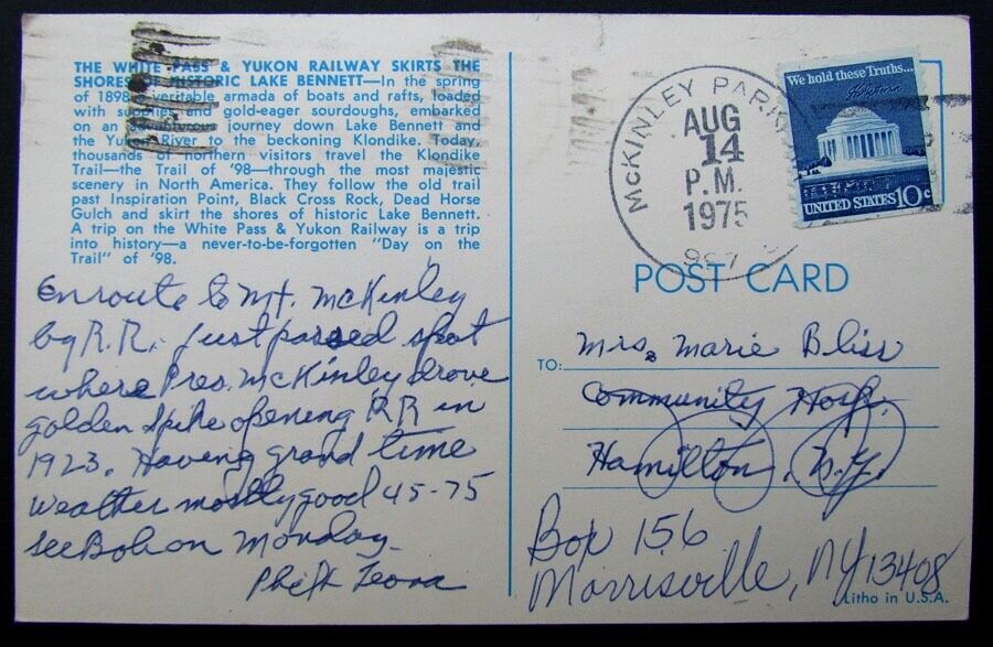 VINTAGE 1975 WHITE PASS & YUKON RAILWAY ADVERTISING POSTCARD LAKE BENNETT train