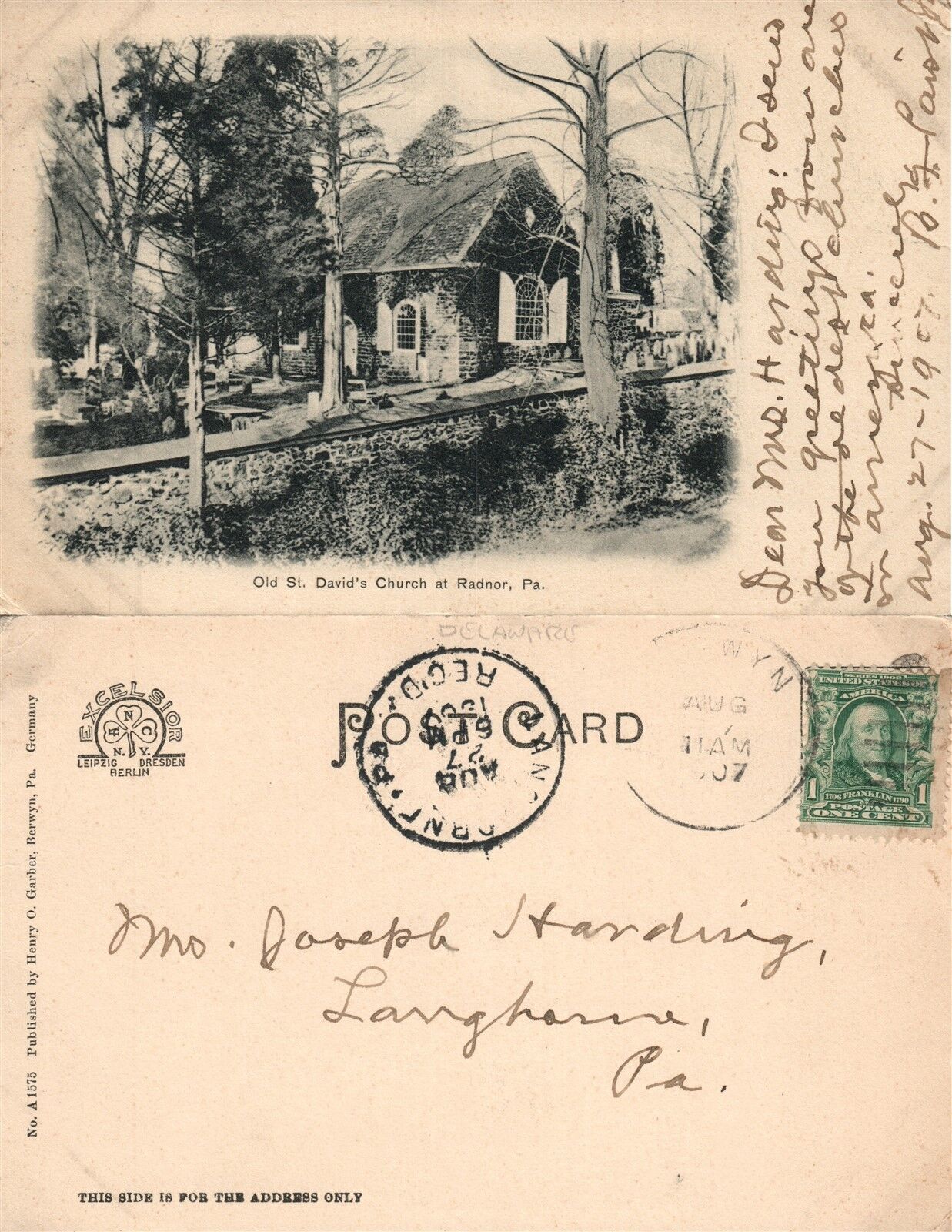 RADNOR PA OLD ST.DAVID'S CHURCH 1907 UNDIVIDED ANTIQUE POSTCARD