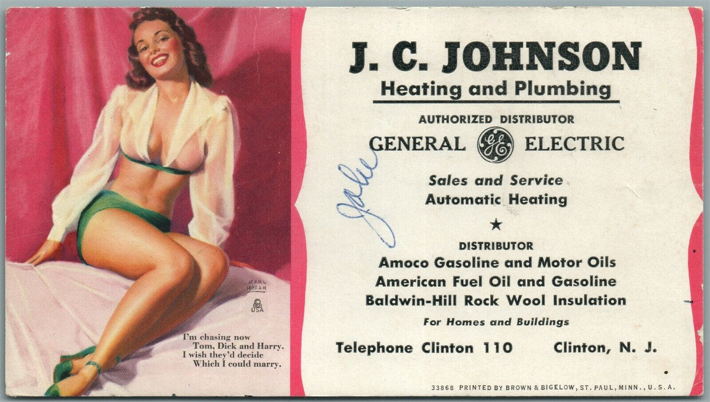 CLINTON NJ HEATING & PLUMBING GASOLINE MOTOR OIL VINTAGE ADVERTISING CARD