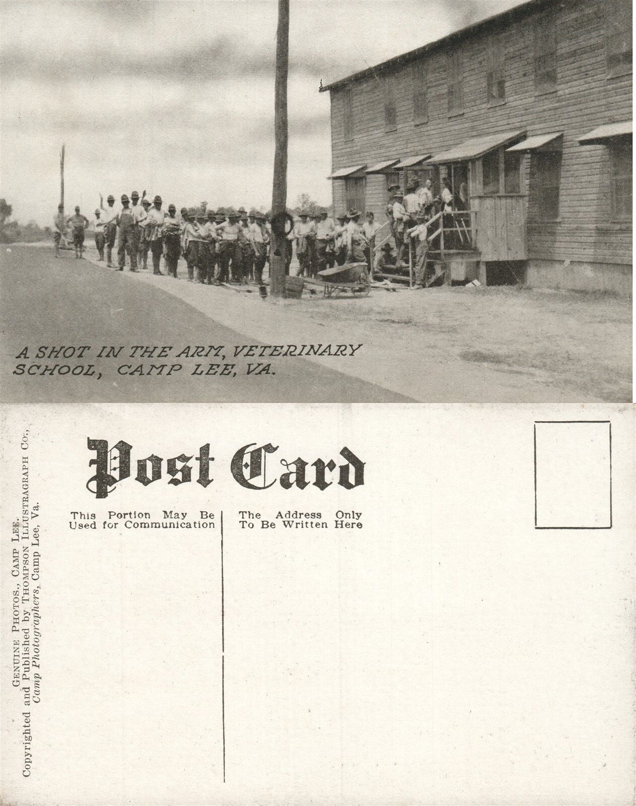 CAMP LEE VA SHOT IN THE ARM VETERINARY SCHOOL ANTIQUE POSTCARD