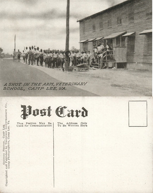 CAMP LEE VA SHOT IN THE ARM VETERINARY SCHOOL ANTIQUE POSTCARD