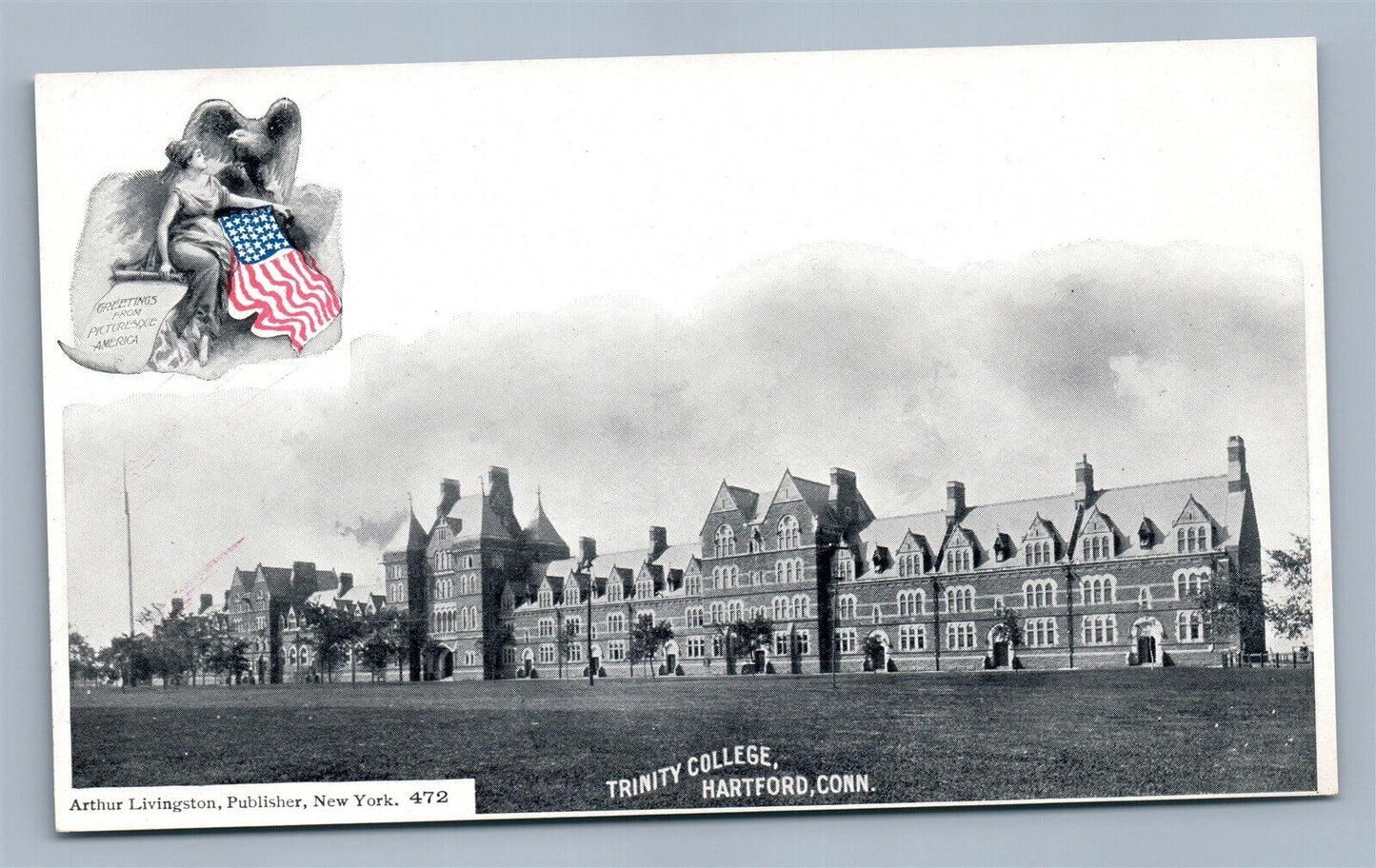HARTFORD CT TRINITY COLLEGE ANTIQUE POSTCARD by ARTHUR LIVINGSTON