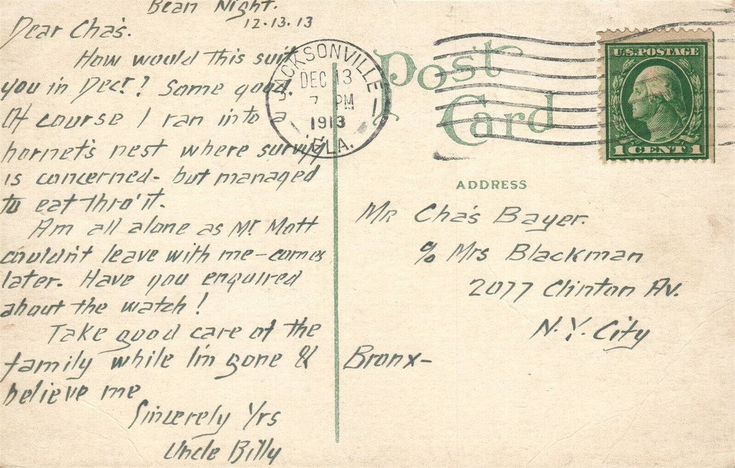 JACKSONVILLE FL FIRST STREET SPRINGFIELD 1913 ANTIQUE POSTCARD