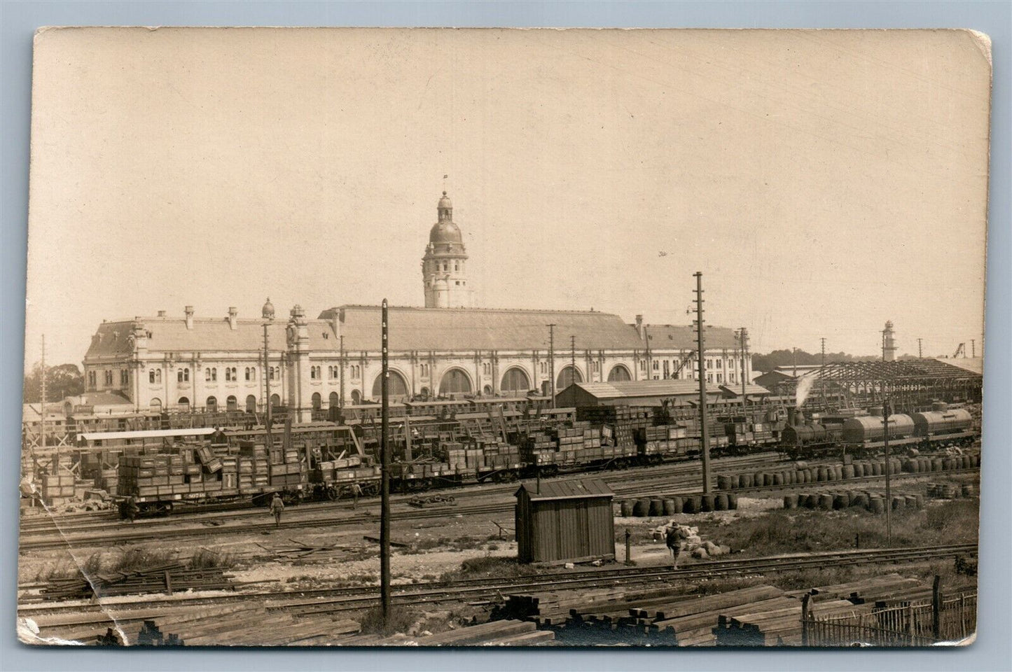 FREIGHT TRAIN AT RAILWAY STATION ANTIQUE REAL PHOTO POSTCARD RPPC railroad depot