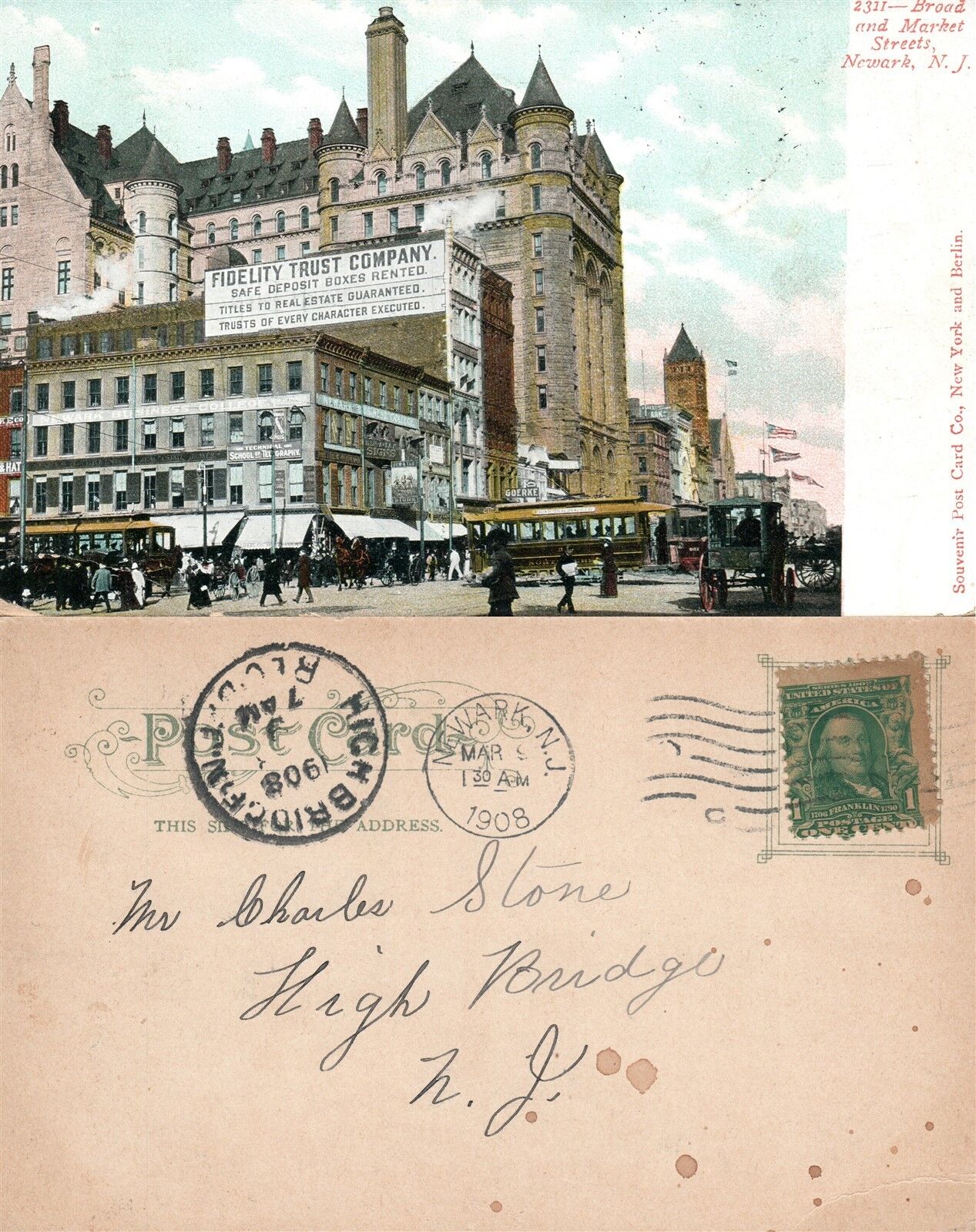 NEWARK N.J. BROAD & MARKET STREET 1908 ANTIQUE POSTCARD FIDELITY TRUST CO.