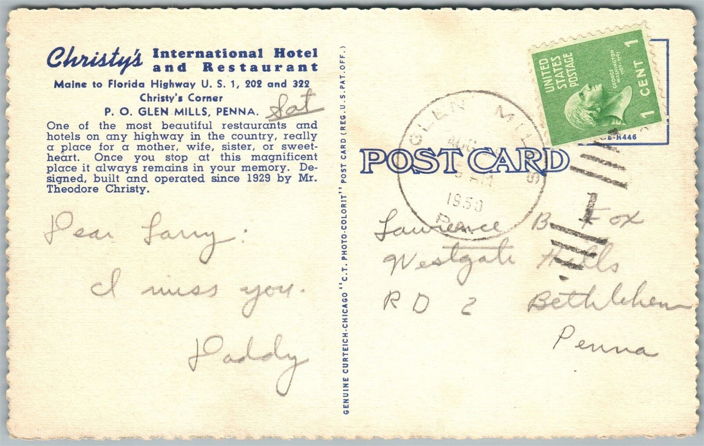 GLEN MILLS PA CHRISTY'S RESTAURANT 1950 VINTAGE POSTCARD