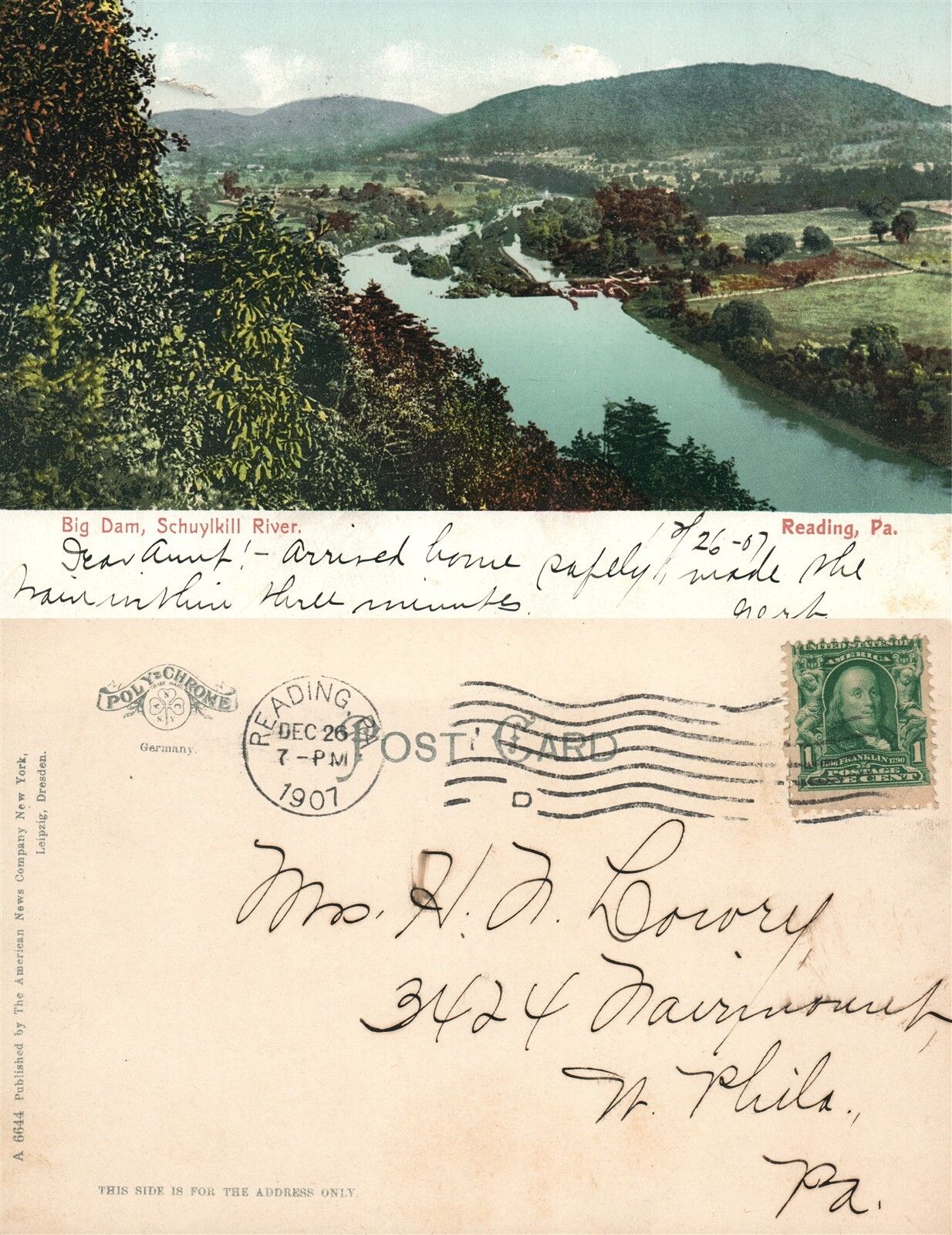 READING PA BIG DAM 1907 ANTIQUE POSTCARD