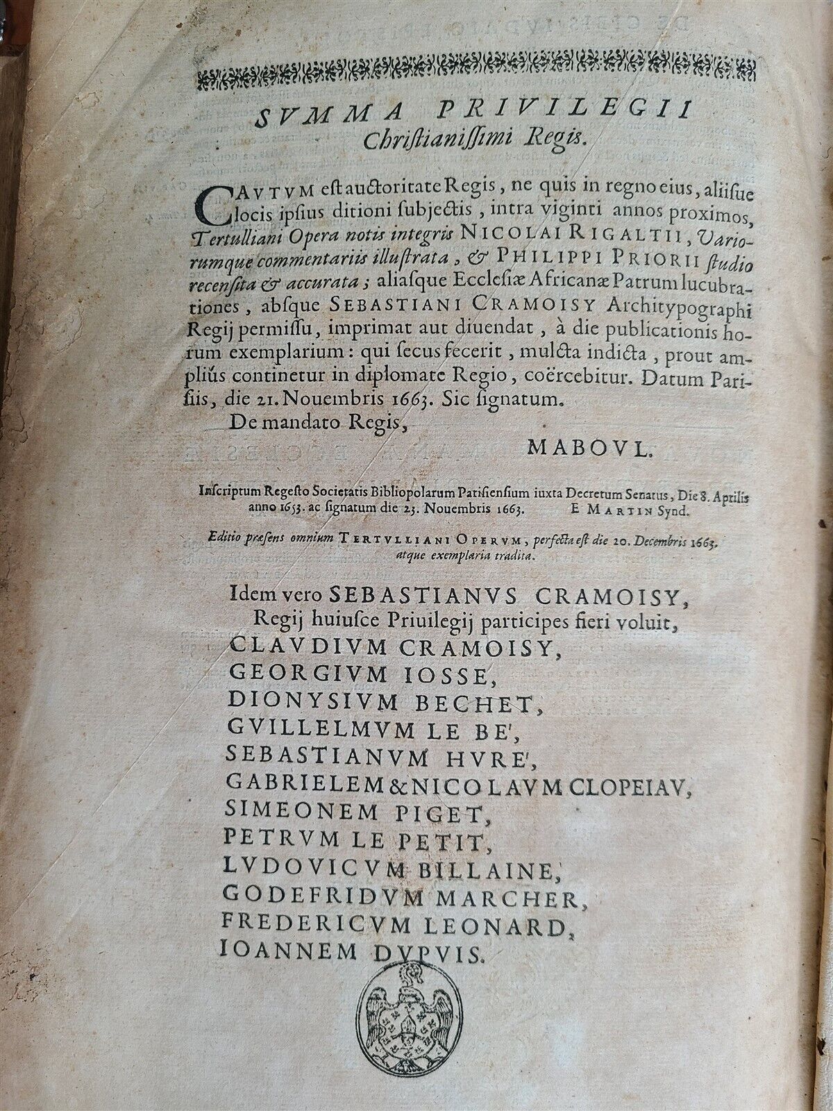 1664 OPERA AD VETUSTISSIMORUM EXEMPLARIUM FIDEM by TERTULLIAN Folio antique