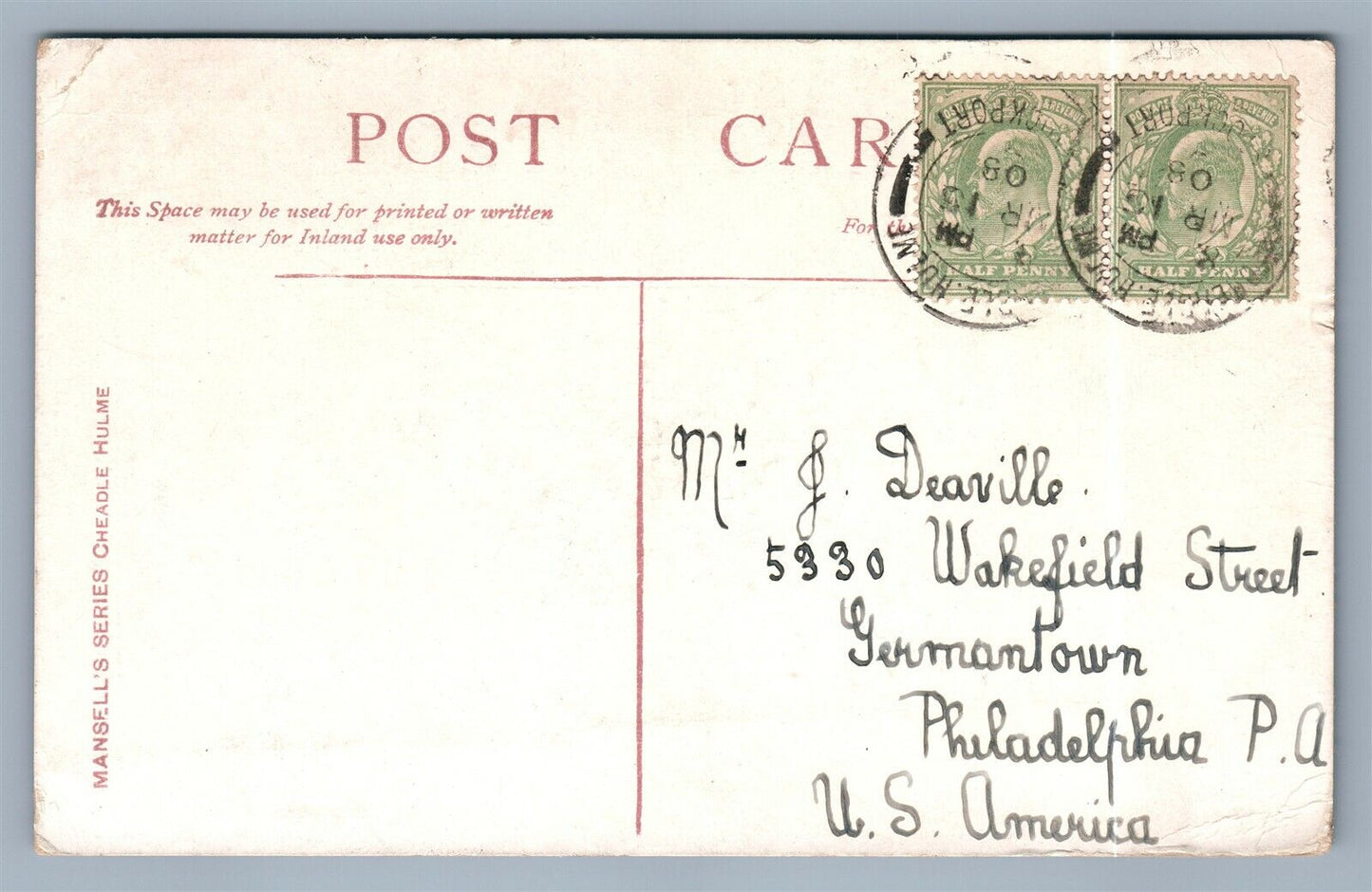 ENGLAND BFAMHALL PARK CHEADLE HULME ANTIQUE POSTCARD w/ STAMPS