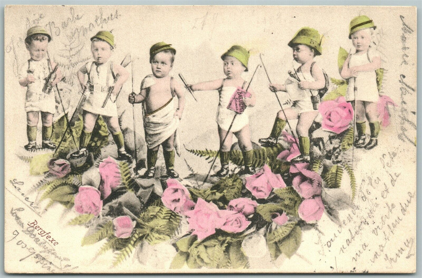 MULTIPLE BABIES ANTIQUE POSTCARD w/ GERMAN STAMP