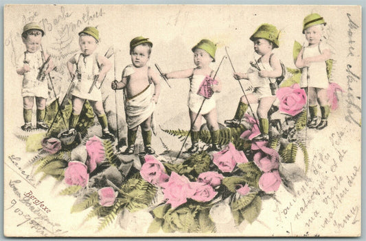 MULTIPLE BABIES ANTIQUE POSTCARD w/ GERMAN STAMP