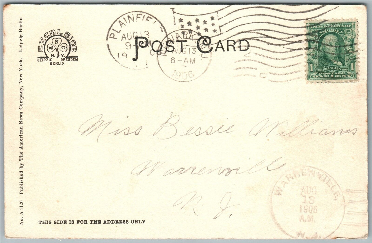 UPPER MONTCLAIR NJ WATCHUNG AVENUE UNDIVIDED 1906 ANTIQUE POSTCARD