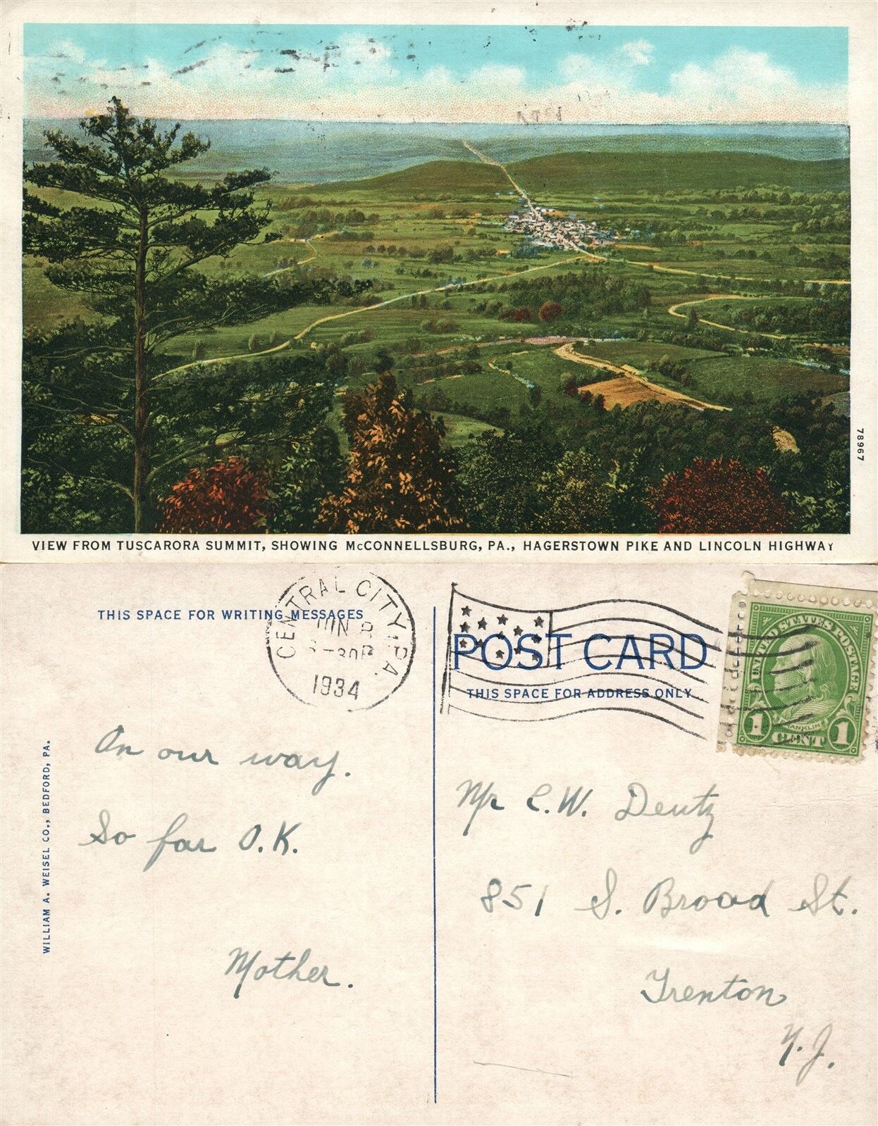 McCONNELLSBURG PA HAGERSTOWN PIKE & LINCOLN HIGHWAY 1934 VINTAGE POSTCARD