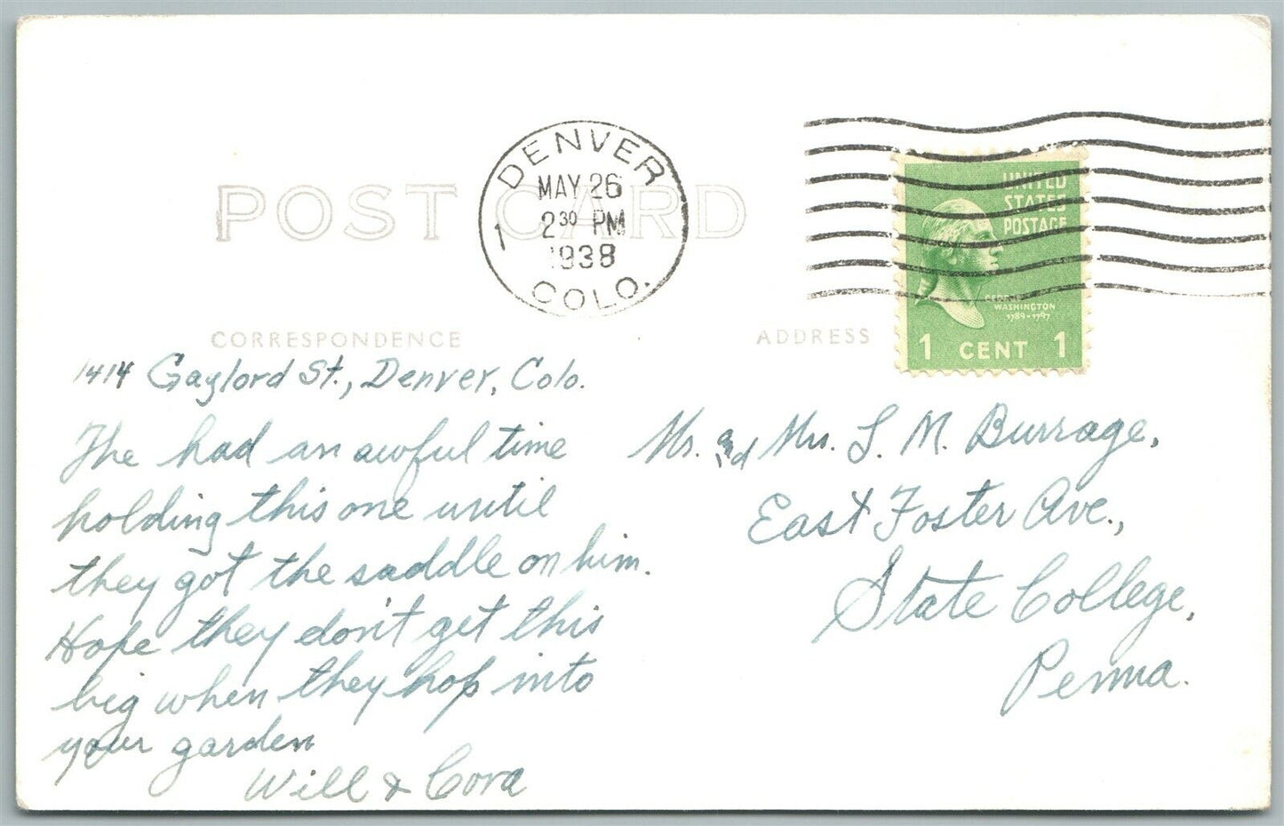 EXAGGERATED GRASSHOPPER on RAILROAD TRACKS 1938 VINTAGE REAL PHOTO POSTCARD RPPC