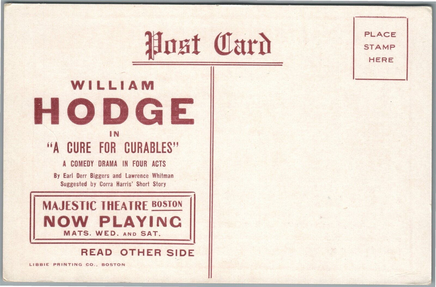 BOSTON MA MAJESTIC THEATRE WILLIAM HOGE ADVERTISING ANTIQUE POSTCARD