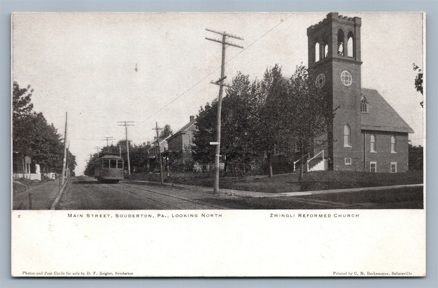 SOUDERTON PA MAIN STREET ZWINGLI REFORMED CHURCH ANTIQUE DOUBLE SIDED POSTCARD