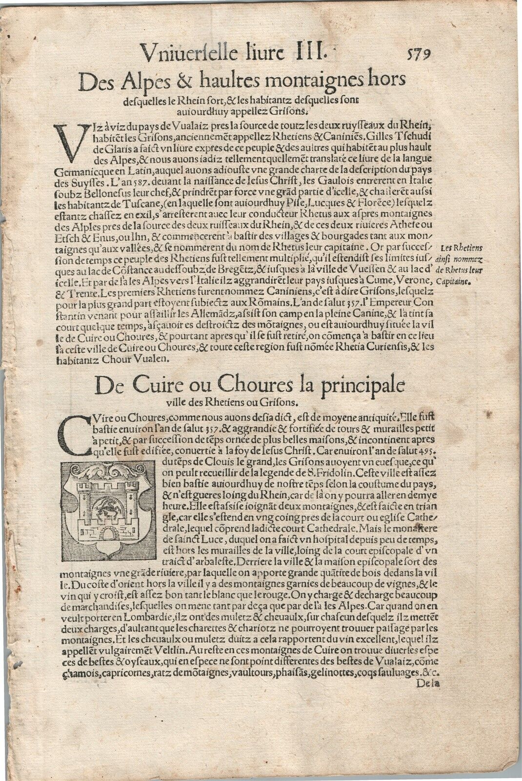 1575 CHUR SWITZERLAND VIEW LEAF from BELLEFOREST EDITION of MUNSTER COSMOGRAPHY