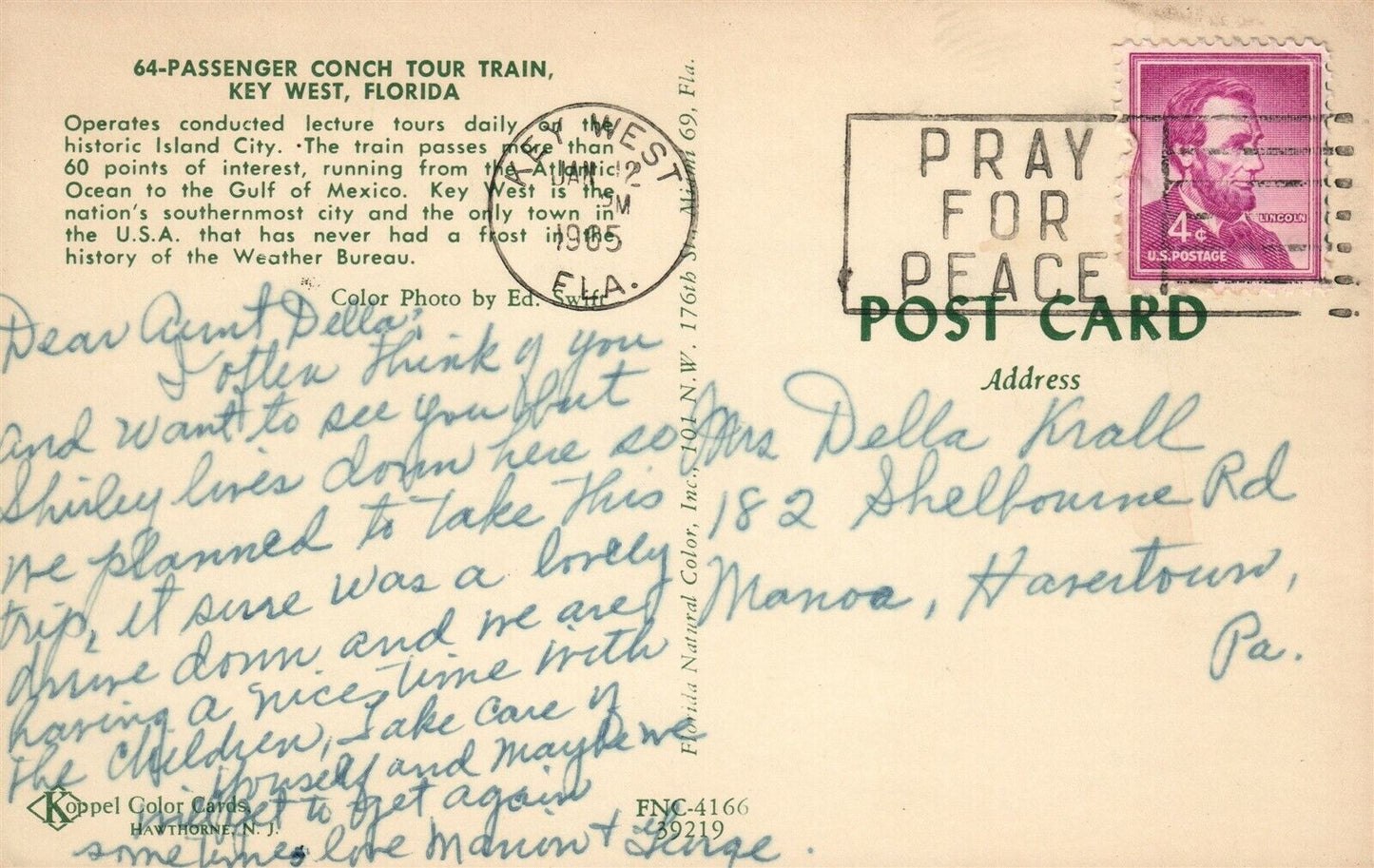 KEY WEST FL CONCH TOUR TRAIN 1965 VINTAGE POSTCARD