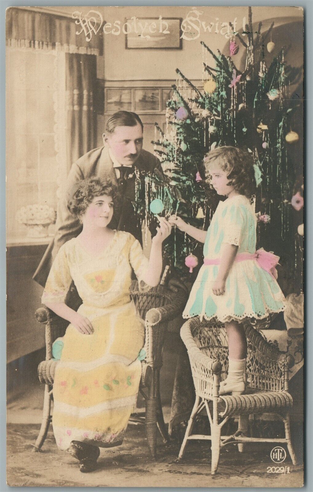 DECORATING CHRISTMAS TREE ANTIQUE REAL PHOTO POSTCARD RPPC w/GREETING in POLISH