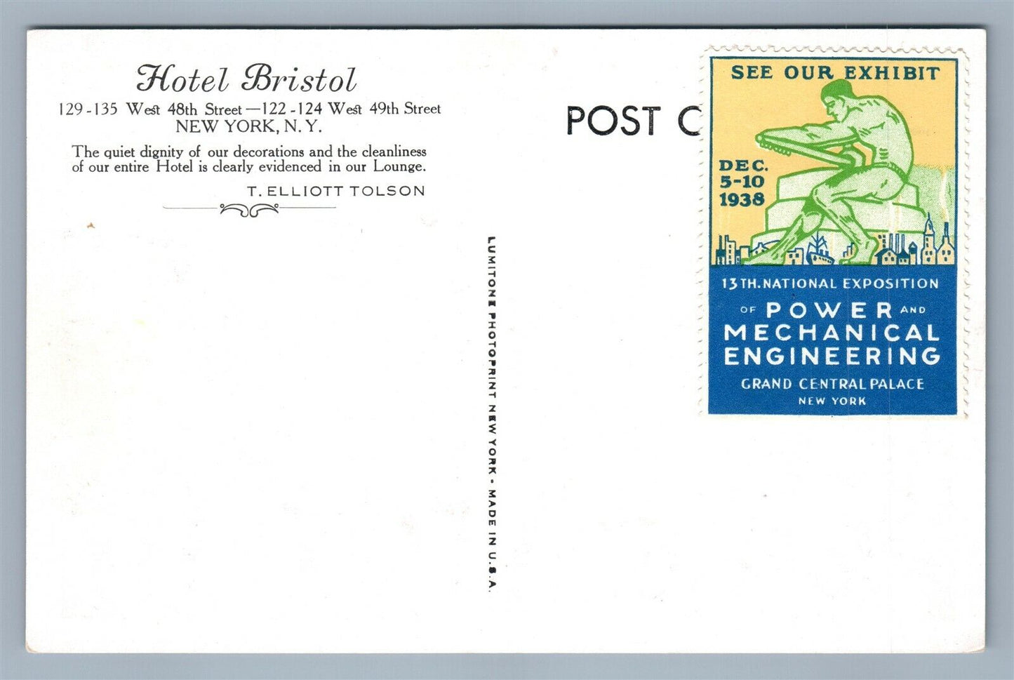 NEW YORK HOTEL BRISTOL W. 48th STREET 1938 MECHANICAL EXHIBIT VINTAGE POSTCARD