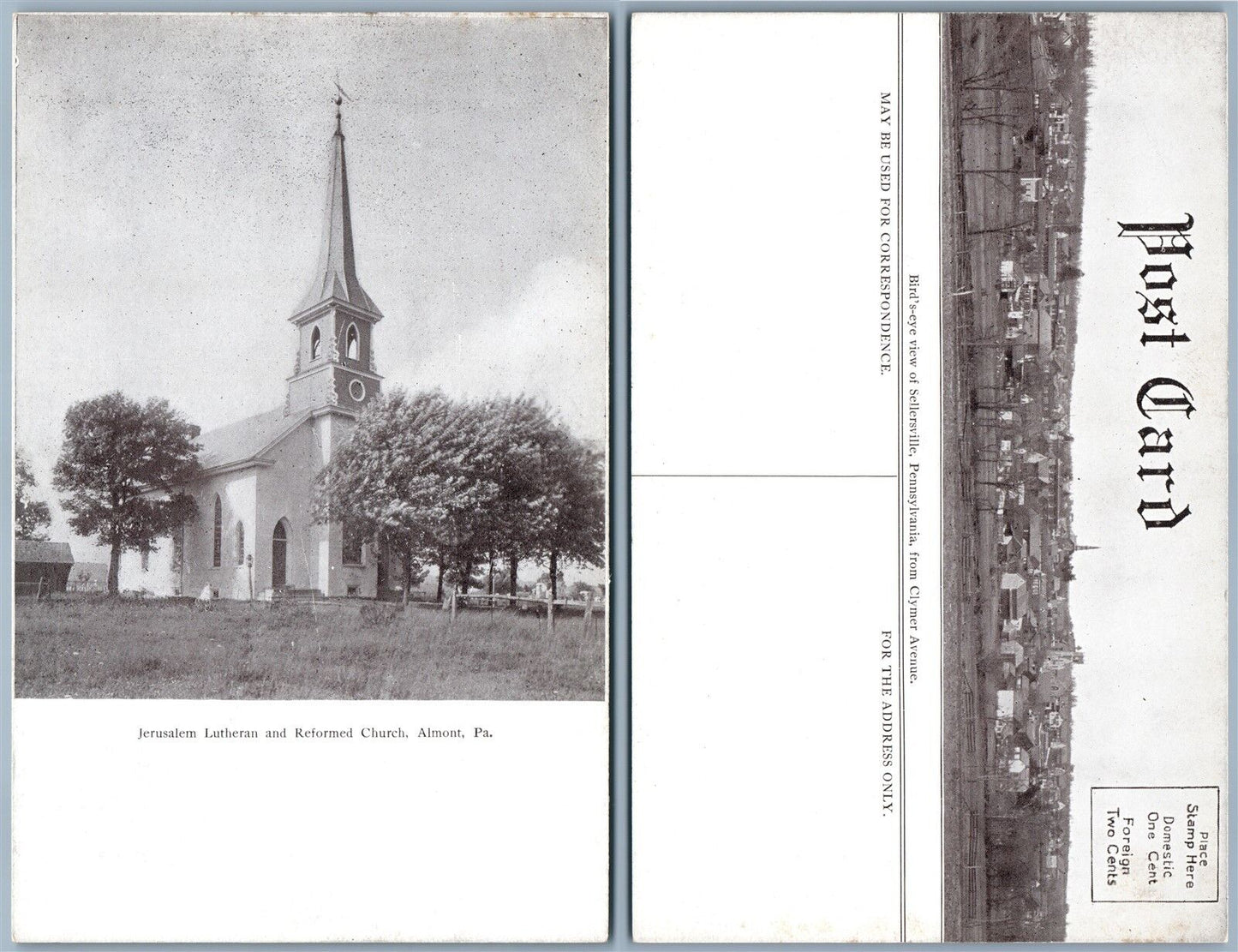 ALMONT PA JERUSALEM LUTHERAN CHURCH & SELLERSVILLE DOUBLE SIDED VINTAGE POSTCARD