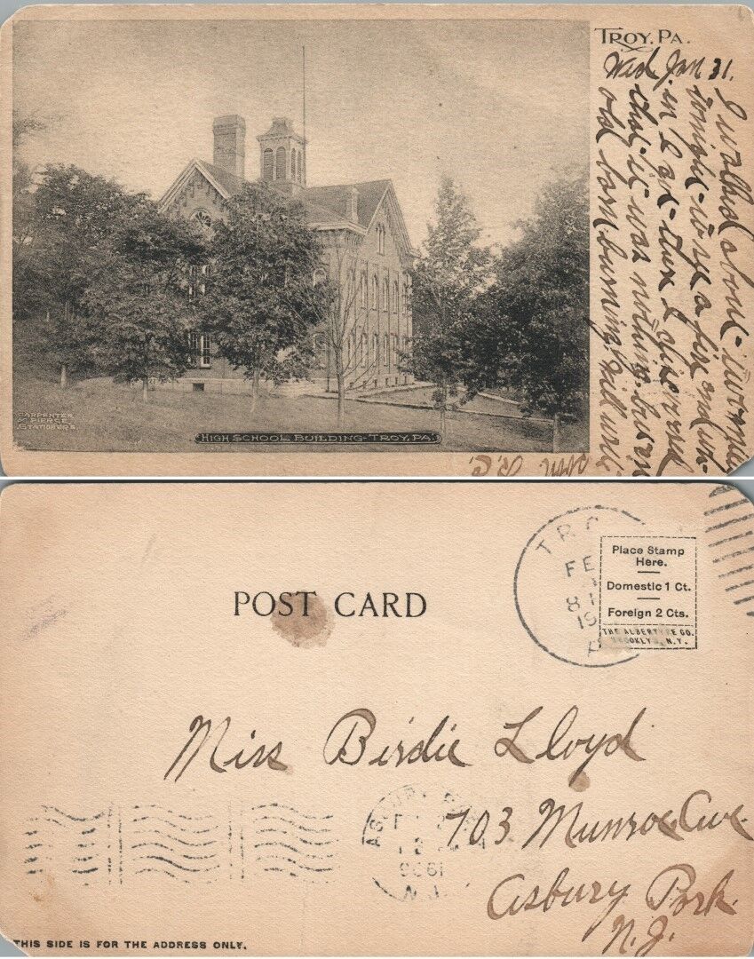 ANTIQUE UNDIVIDED POSTCARD HIGH SCHOOL BUILDING TROY PA